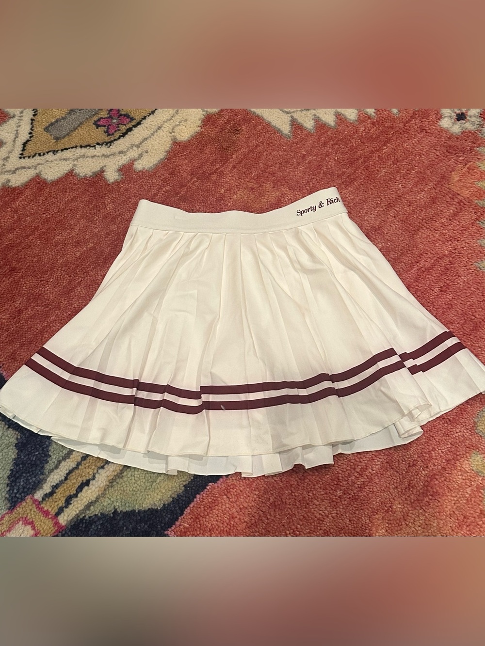 Sporty & Rich White Pleated Skater Skirt with Burgundy Stripe